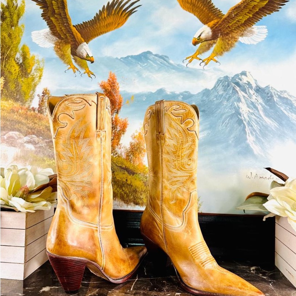 💋 Lucchese Vintage Style Charlie 1 Horse 9.5. Tan Western Cowboy Heel Boots… - Picture 2 of 12
